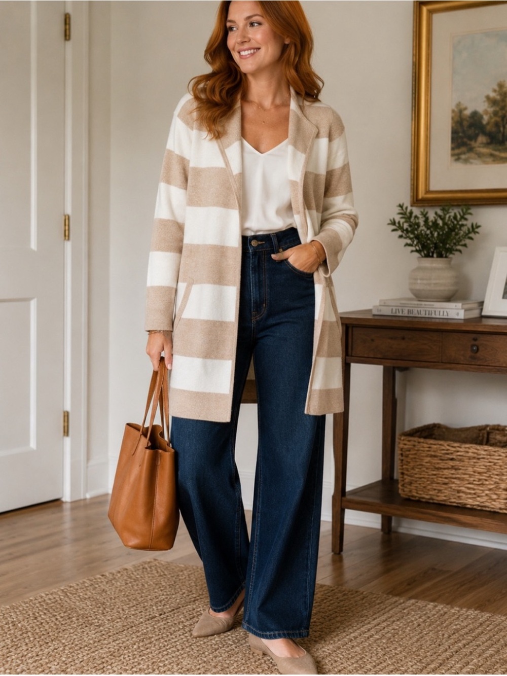 J. Crew Factory Cream and Tan Striped Open-Front Vanessa Cardigan Sweater XS